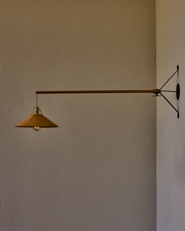 Robert True Ogden RTO Lighting - Large Yaffa Swing Arm Sconce - Natural Leather Shade - Natural Oak Arm - Oil Rubbed Brass Wall Brackets#leather-shade_natural-leather