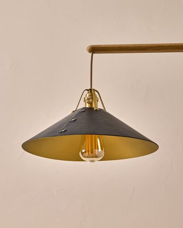 Robert True Ogden RTO Lighting - Large Yaffa Swing Arm Sconce - Navy Leather Shade - Natural Oak Arm - Oil Rubbed Brass Wall Brackets#leather-shade_navy-leather