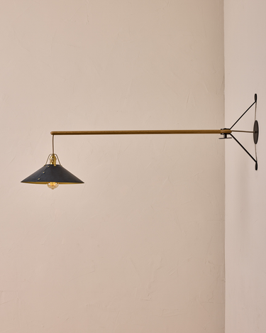 Robert True Ogden RTO Lighting - Large Yaffa Swing Arm Sconce - Navy Leather Shade - Natural Oak Arm - Oil Rubbed Brass Wall Brackets#leather-shade_navy-leather
