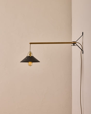 Robert True Ogden RTO Lighting -  Medium Yaffa Swing Arm Sconce - Plug In - Black Leather Shade - Natural Oak Arm - Oil Rubbed Brass Wall Brackets#leather-shade_black-leather