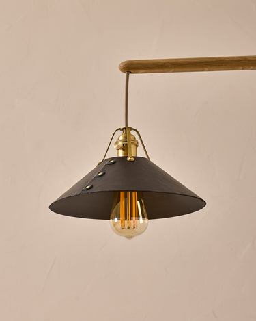 Robert True Ogden RTO Lighting -  Medium Yaffa Swing Arm Sconce - Plug In - Black Leather Shade - Natural Oak Arm - Oil Rubbed Brass Wall Brackets#leather-shade_black-leather