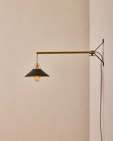 Robert True Ogden RTO Lighting -  Medium Yaffa Swing Arm Sconce - Plug In - Black Leather Shade - Natural Oak Arm - Oil Rubbed Brass Wall Brackets#leather-shade_black-leather