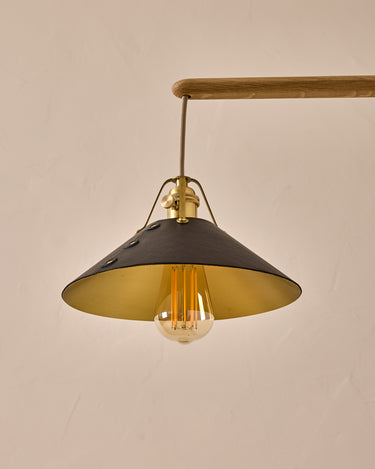 Robert True Ogden RTO Lighting -  Medium Yaffa Swing Arm Sconce - Plug In - Black Leather Shade - Natural Oak Arm - Oil Rubbed Brass Wall Brackets#leather-shade_black-leather