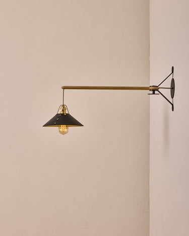 Robert True Ogden RTO Lighting -  Medium Yaffa Swing Arm Sconce - Plug In - Black Leather Shade - Natural Oak Arm - Oil Rubbed Brass Wall Brackets#leather-shade_black-leather