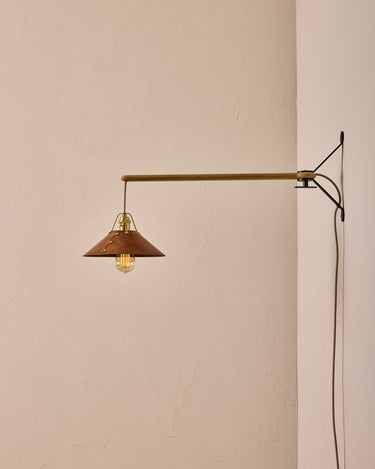 Robert True Ogden RTO Lighting -  Medium Yaffa Swing Arm Sconce - Plug In - Cognac Leather Shade - Natural Oak Arm - Oil Rubbed Brass Wall Brackets#leather-shade_cognac-leather