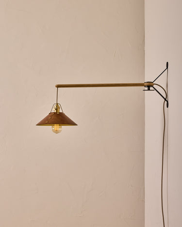 Robert True Ogden RTO Lighting -  Medium Yaffa Swing Arm Sconce - Plug In - Cognac Leather Shade - Natural Oak Arm - Oil Rubbed Brass Wall Brackets#leather-shade_cognac-leather