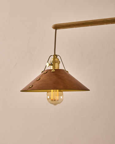 Robert True Ogden RTO Lighting -  Medium Yaffa Swing Arm Sconce - Plug In - Cognac Leather Shade - Natural Oak Arm - Oil Rubbed Brass Wall Brackets#leather-shade_cognac-leather