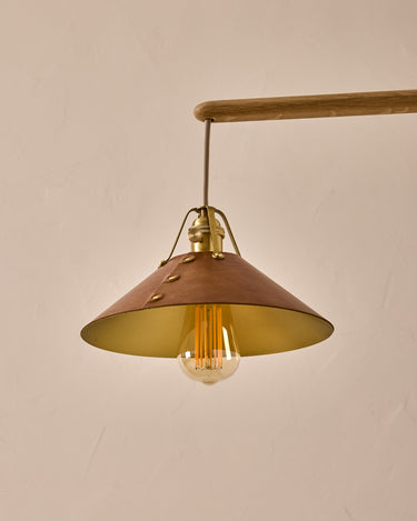 Robert True Ogden RTO Lighting -  Medium Yaffa Swing Arm Sconce - Plug In - Cognac Leather Shade - Natural Oak Arm - Oil Rubbed Brass Wall Brackets#leather-shade_cognac-leather