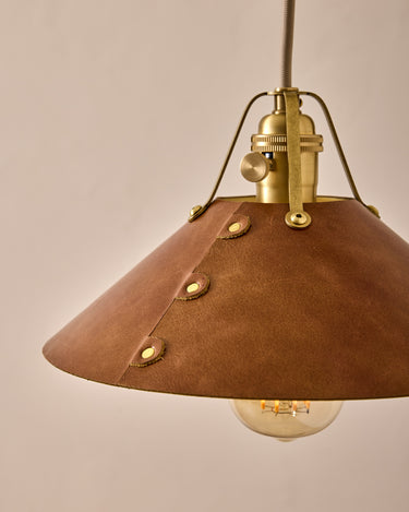 Robert True Ogden RTO Lighting -  Medium Yaffa Swing Arm Sconce - Plug In - Cognac Leather Shade - Natural Oak Arm - Oil Rubbed Brass Wall Brackets#leather-shade_cognac-leather