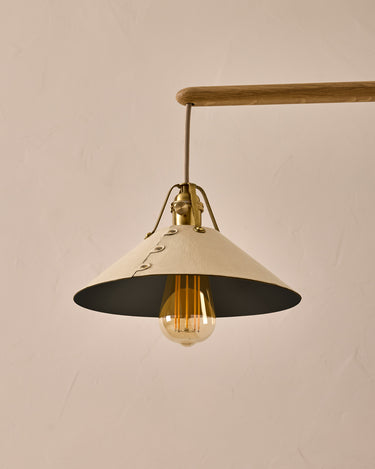 Robert True Ogden RTO Lighting -  Medium Yaffa Swing Arm Sconce - Plug In - Eggshell Leather Shade - Natural Oak Arm - Oil Rubbed Brass Wall Brackets#leather-shade_eggshell-leather