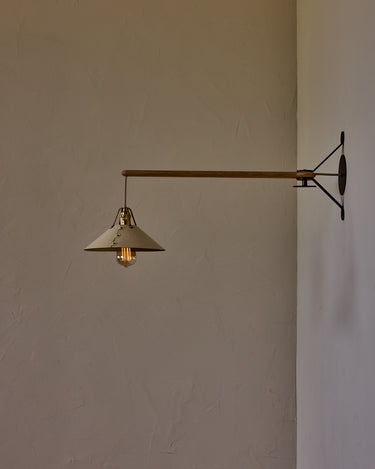 Robert True Ogden RTO Lighting -  Medium Yaffa Swing Arm Sconce - Plug In - Eggshell Leather Shade - Natural Oak Arm - Oil Rubbed Brass Wall Brackets#leather-shade_eggshell-leather