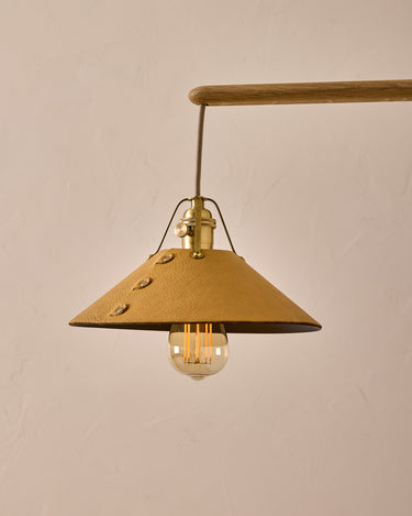 Robert True Ogden RTO Lighting -  Medium Yaffa Swing Arm Sconce - Plug In - Natural Leather Shade - Natural Oak Arm - Oil Rubbed Brass Wall Brackets#leather-shade_natural-leather