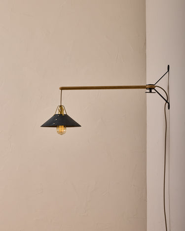 Robert True Ogden RTO Lighting -  Medium Yaffa Swing Arm Sconce -Navy Leather Shade - Natural Oak Arm - Oil Rubbed Brass Wall Brackets#leather-shade_navy-leather