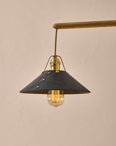 Robert True Ogden RTO Lighting -  Medium Yaffa Swing Arm Sconce -Navy Leather Shade - Natural Oak Arm - Oil Rubbed Brass Wall Brackets#leather-shade_navy-leather