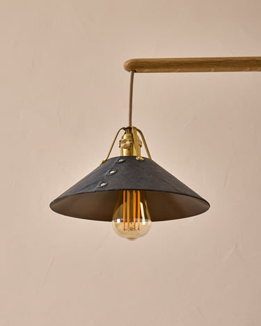 Robert True Ogden RTO Lighting -  Medium Yaffa Swing Arm Sconce -Navy Leather Shade - Natural Oak Arm - Oil Rubbed Brass Wall Brackets#leather-shade_navy-leather