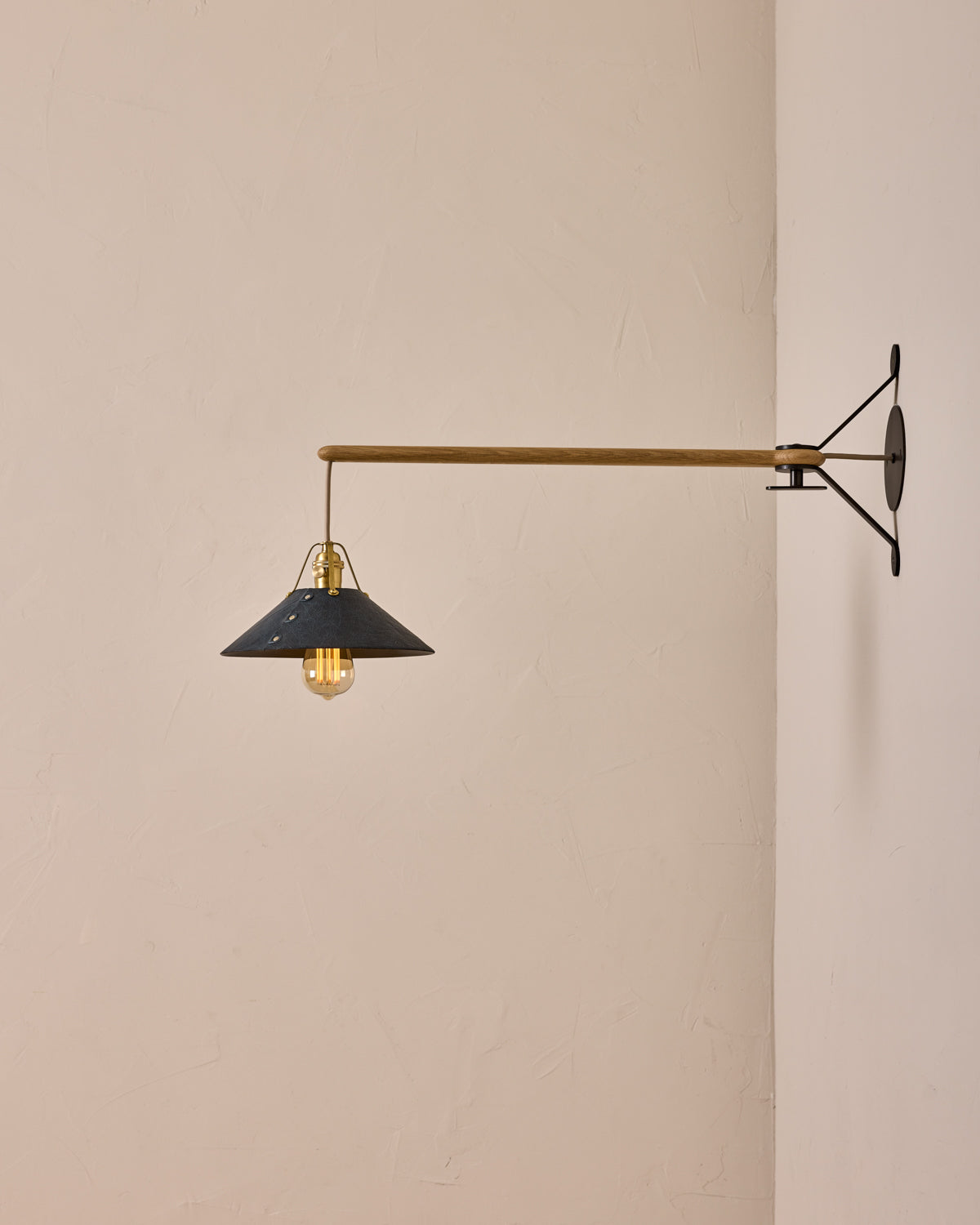 Robert True Ogden RTO Lighting -  Medium Yaffa Swing Arm Sconce -Navy Leather Shade - Natural Oak Arm - Oil Rubbed Brass Wall Brackets#leather-shade_navy-leather