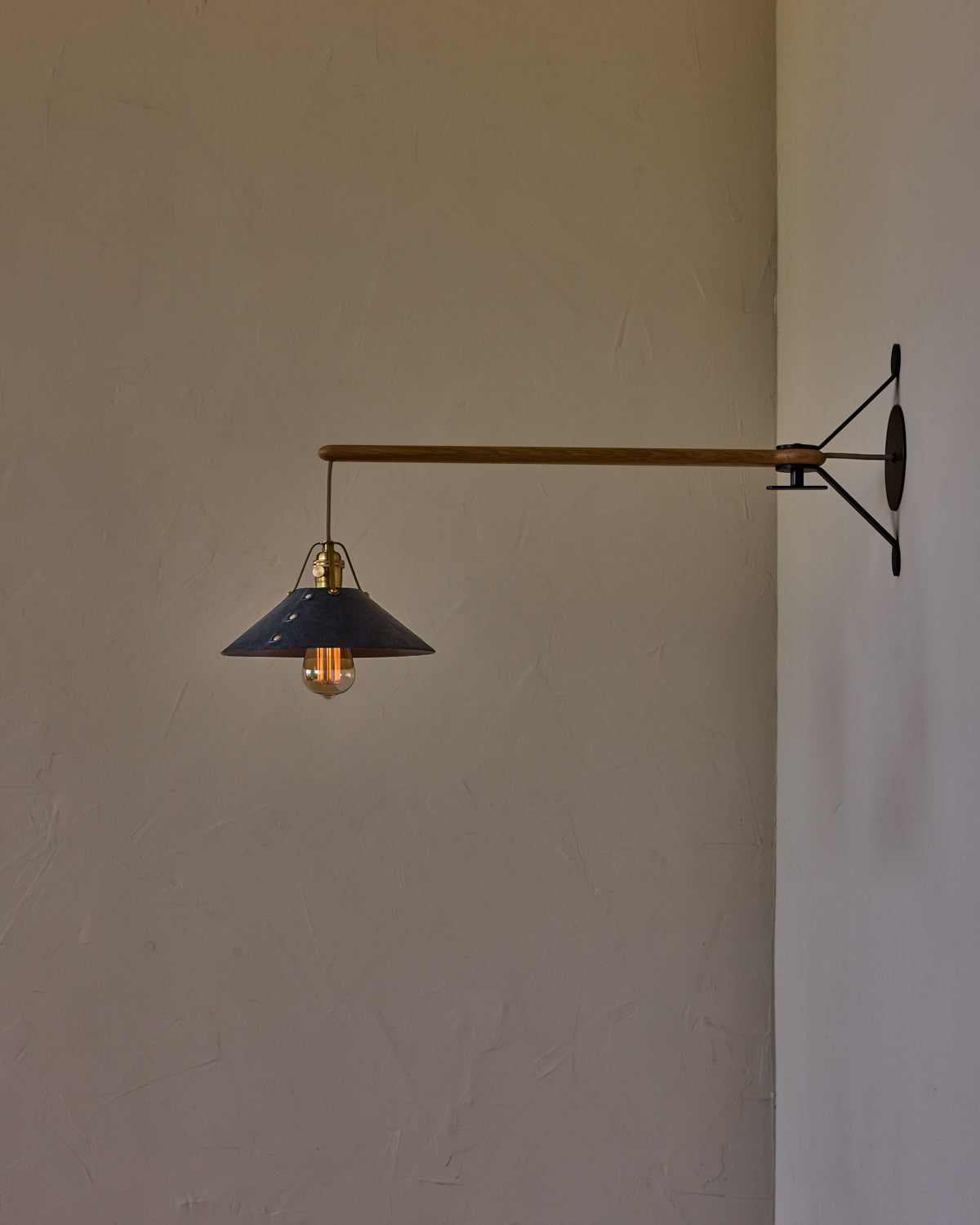 Robert True Ogden RTO Lighting -  Medium Yaffa Swing Arm Sconce -Navy Leather Shade - Natural Oak Arm - Oil Rubbed Brass Wall Brackets#leather-shade_navy-leather