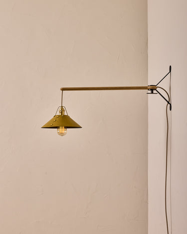 Robert True Ogden RTO Lighting -  Medium Yaffa Swing Arm Sconce - Spruce Leather Shade - Natural Oak Arm - Oil Rubbed Brass Wall Brackets#leather-shade_spruce-leather-leather