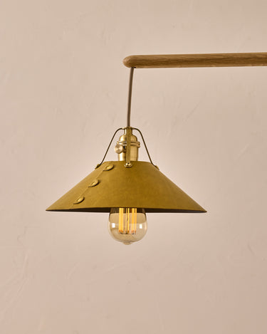 Robert True Ogden RTO Lighting -  Medium Yaffa Swing Arm Sconce - Spruce Leather Shade - Natural Oak Arm - Oil Rubbed Brass Wall Brackets#leather-shade_spruce-leather