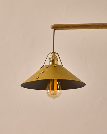 Robert True Ogden RTO Lighting -  Medium Yaffa Swing Arm Sconce - Spruce Leather Shade - Natural Oak Arm - Oil Rubbed Brass Wall Brackets#leather-shade_spruce-leather