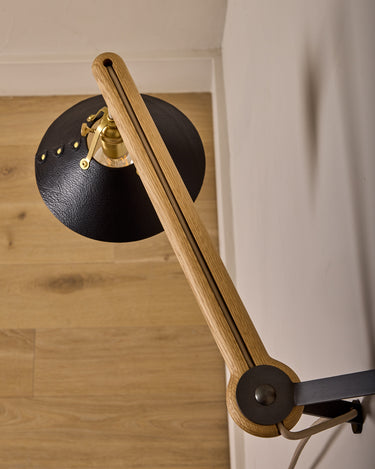 Robert True Ogden RTO Lighting -  Small Yaffa Swing Arm Sconce - Black Leather Shade - Natural Oak Arm - Oil Rubbed Brass Wall Brackets#leather-shade_black-leather