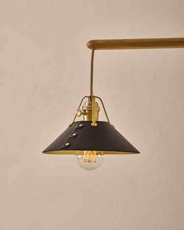 Robert True Ogden RTO Lighting -  Small Yaffa Swing Arm Sconce - Black Leather Shade - Natural Oak Arm - Oil Rubbed Brass Wall Brackets#leather-shade_black-leather-leather-leather