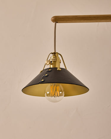 Robert True Ogden RTO Lighting -  Small Yaffa Swing Arm Sconce - Black Leather Shade - Natural Oak Arm - Oil Rubbed Brass Wall Brackets#leather-shade_black-leather