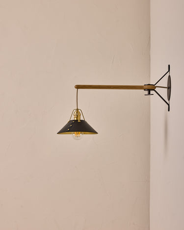 Robert True Ogden RTO Lighting -  Small Yaffa Swing Arm Sconce - Black Leather Shade - Natural Oak Arm - Oil Rubbed Brass Wall Brackets#leather-shade_black-leather