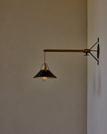 Robert True Ogden RTO Lighting -  Small Yaffa Swing Arm Sconce - Black Leather Shade - Natural Oak Arm - Oil Rubbed Brass Wall Brackets#leather-shade_black-leather