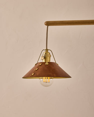 Robert True Ogden RTO Lighting -  Small Yaffa Swing Arm Sconce - Cognac Leather Shade - Natural Oak Arm - Oil Rubbed Brass Wall Brackets#leather-shade_cognac-leather