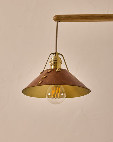 Robert True Ogden RTO Lighting -  Small Yaffa Swing Arm Sconce - Cognac Leather Shade - Natural Oak Arm - Oil Rubbed Brass Wall Brackets#leather-shade_cognac-leather