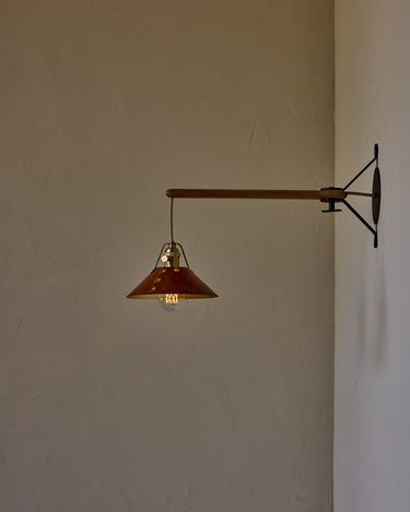 Robert True Ogden RTO Lighting -  Small Yaffa Swing Arm Sconce - Cognac Leather Shade - Natural Oak Arm - Oil Rubbed Brass Wall Brackets#leather-shade_cognac-leather