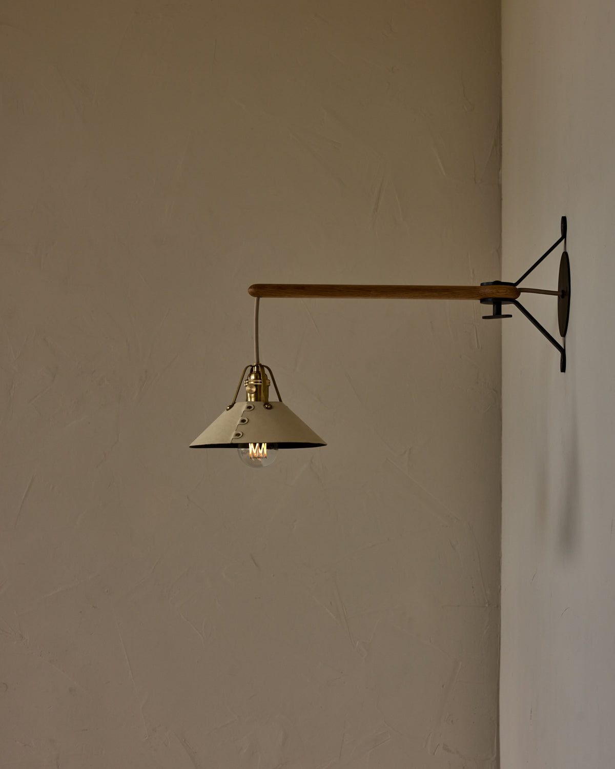 Robert True Ogden RTO Lighting -  Small Yaffa Swing Arm Sconce - Eggshell Leather Shade - Natural Oak Arm - Oil Rubbed Brass Wall Brackets#leather-shade_eggshell-leather