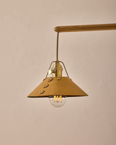 Robert True Ogden RTO Lighting -  Small Yaffa Swing Arm Sconce - Natural Leather Shade - Natural Oak Arm - Oil Rubbed Brass Wall Brackets#leather-shade_natural-leather