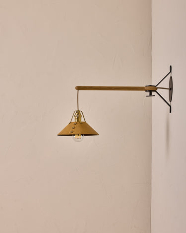 Robert True Ogden RTO Lighting -  Small Yaffa Swing Arm Sconce - Natural Leather Shade - Natural Oak Arm - Oil Rubbed Brass Wall Brackets#leather-shade_natural-leather