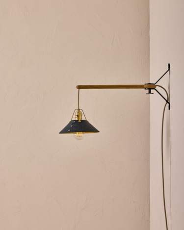 Robert True Ogden RTO Lighting -  Small Yaffa Swing Arm Sconce - Navy Leather Shade - Natural Oak Arm - Oil Rubbed Brass Wall Brackets#leather-shade_navy-leather