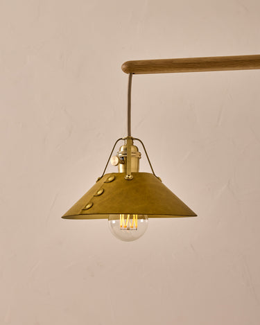Robert True Ogden RTO Lighting -  Small Yaffa Swing Arm Sconce - Spruce Leather Shade - Natural Oak Arm - Oil Rubbed Brass Wall Brackets#leather-shade_spruce-leather