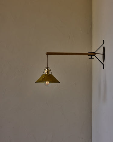 Robert True Ogden RTO Lighting -  Small Yaffa Swing Arm Sconce - Spruce Leather Shade - Natural Oak Arm - Oil Rubbed Brass Wall Brackets#leather-shade_spruce-leather