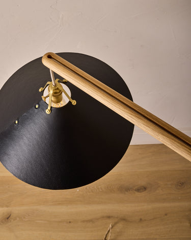 Robert True Ogden RTO Lighting - Extra Large Yaffa Swing Arm Sconce - Black Leather Shade - Natural Oak Arm - Oil Rubbed Brass Wall Brackets#leather-shade_black-leather
