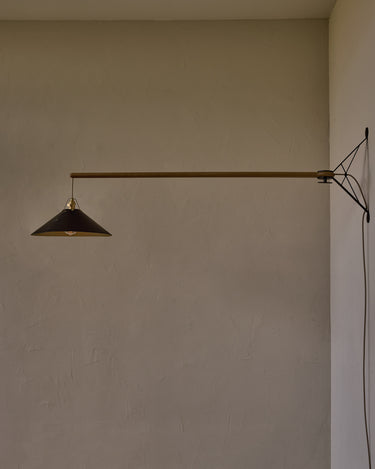 Robert True Ogden RTO Lighting - Extra Large Yaffa Swing Arm Sconce - Black Leather Shade - Natural Oak Arm - Oil Rubbed Brass Wall Brackets#leather-shade_black-leather