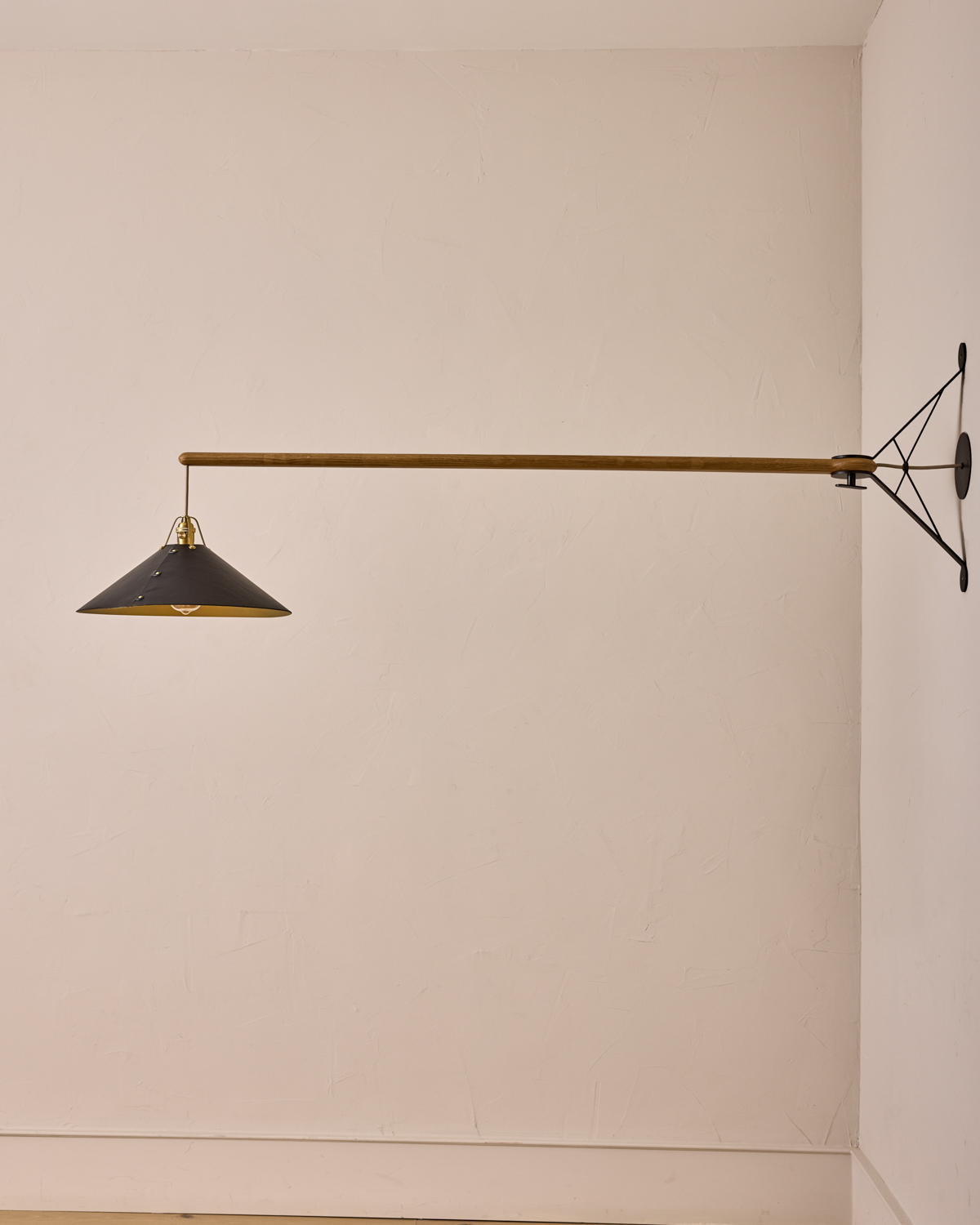 Robert True Ogden RTO Lighting - Extra Large Yaffa Swing Arm Sconce - Black Leather Shade - Natural Oak Arm - Oil Rubbed Brass Wall Brackets#leather-shade_black-leather