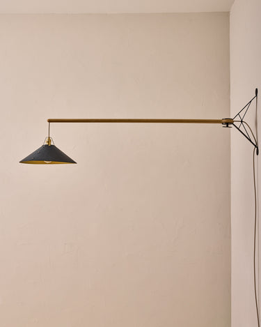 Robert True Ogden RTO Lighting - Extra Large Yaffa Swing Arm Sconce - Navy Leather Shade - Natural Oak Arm - Oil Rubbed Brass Wall Brackets#leather-shade_navy-leather
