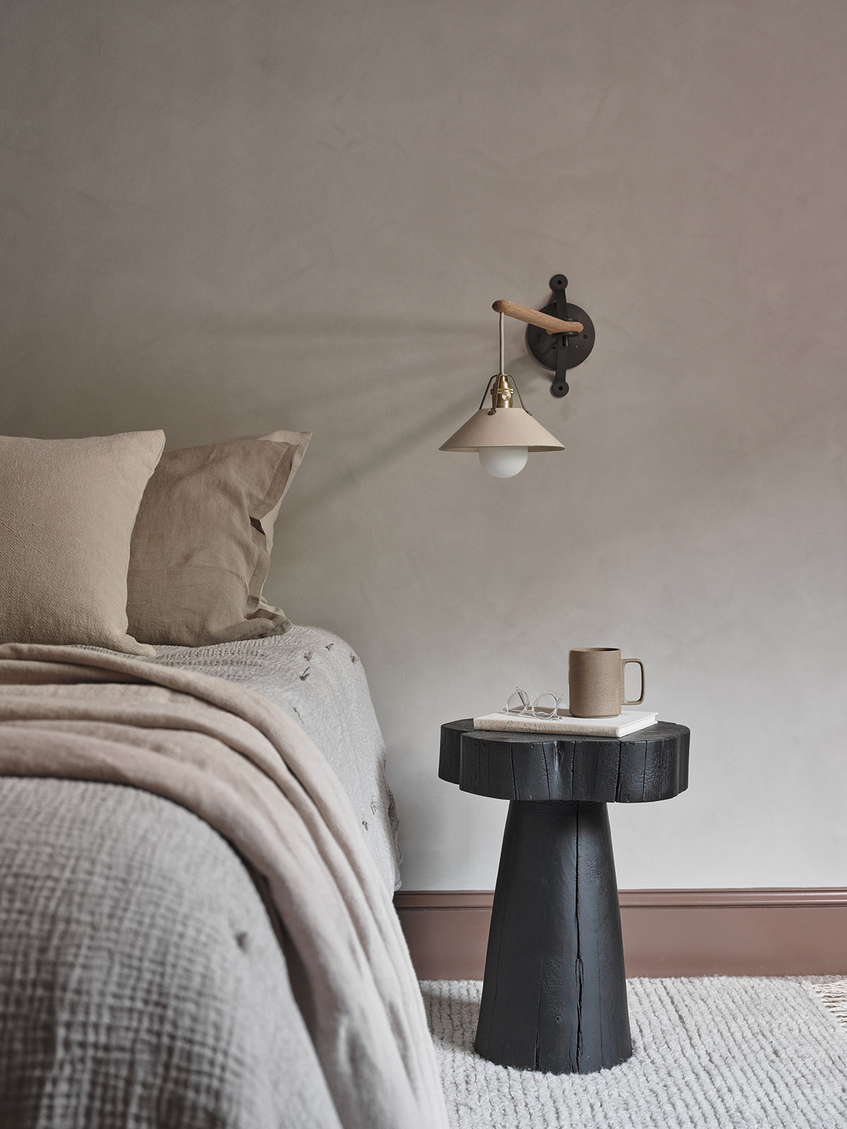 Robert True Ogden RTO Lighting - Small Yaffa Swing Arm Sconce - Hardwired - Eggshell Leather Shade - Natural Oak Arm - Oil Rubbed Brass Wall Brackets#leather-shade_eggshell
