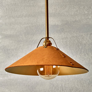 Robert True Ogden RTO Lighting - Large Yaffa Pendant -Tumbled Brass Half Poles - Natural Leather Shade#leather_natural