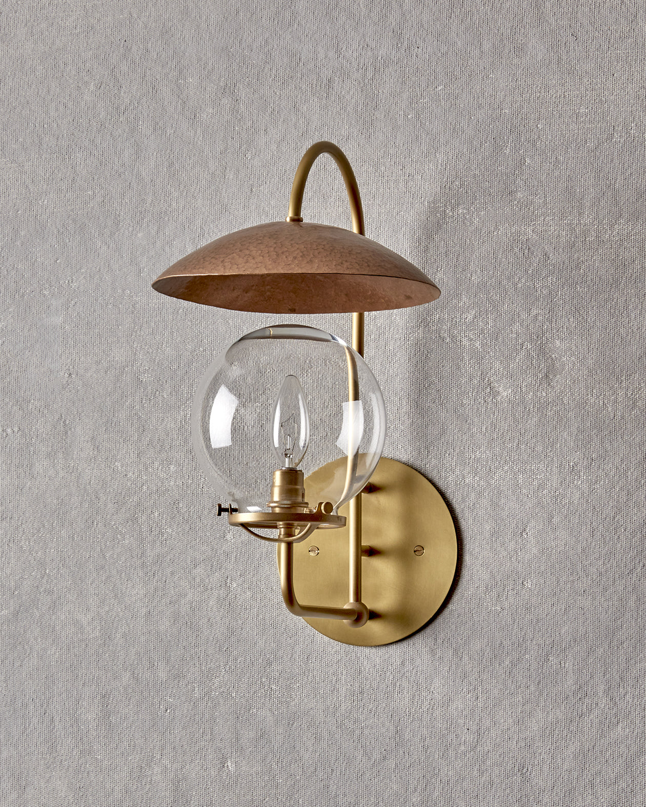 Robert True Ogden RTO Lighting - Mia Wall Sconce - Hammered Brushed Satin Bronze Shade - Brushed Satin Brass Backplate and Armature - Clear Glass Globe#finish_brushed-satin-brass-with-hammered-satin-bronze
