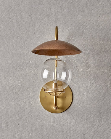 Robert True Ogden RTO Lighting - Mia Wall Sconce - Hammered Brushed Satin Bronze Shade - Brushed Satin Brass Backplate and Armature - Clear Glass Globe#finish_brushed-satin-brass-with-hammered-satin-bronze