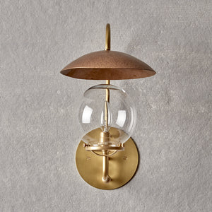 Robert True Ogden RTO Lighting - Mia Wall Sconce - Hammered Brushed Satin Bronze Shade - Brushed Satin Brass Backplate and Armature - Clear Glass Globe#finish_brushed-satin-brass-with-hammered-satin-brass