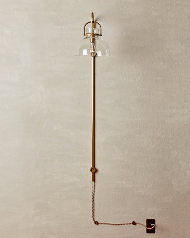 Robert True Ogden RTO Lighting - Ruth Plug In Wall Sconce - Opal Glass Shade - Brushed satin Brass Armature and Shade Holder with Tumbled Brass Wall Keep#glass_clear-glass