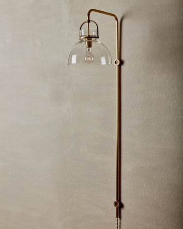 Robert True Ogden RTO Lighting - Ruth Wall Sconce - Clear Glass Shade - Brushed Satin Brass Armature and Shade Holder with Tumbled Brass Wall Keep#glass_clear-glass