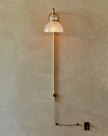 Robert True Ogden RTO Lighting - Ruth Plug In Wall Sconce - Opal Glass Shade - Brushed Satin Brass Armature and Shade Holder with Tumbled Brass Wall Keep#glass_opal-glass